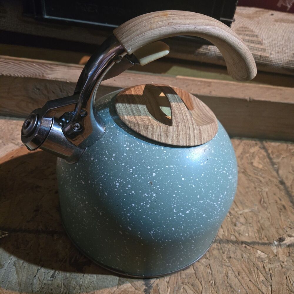 Solustre Whistling Tea Kettle Blue Stovetop Wooden Handle 2L Stainless Steel